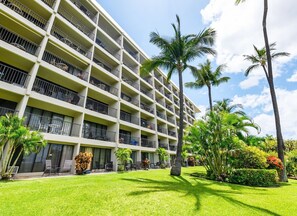 Um hotel com vários andares, varandas, um jardim bem cuidado e palmeiras.