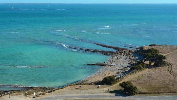 A coastal landscape with a beach, rocky shoreline, and a lighthouse in the distance.
