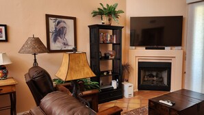 Una sala de estar con chimenea, televisor, estantería y un espacio de descanso acogedor.