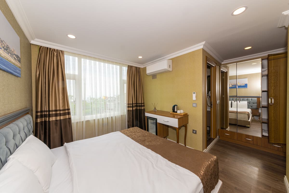 A hotel room with a bed, a desk, a mirror, and a wardrobe.
