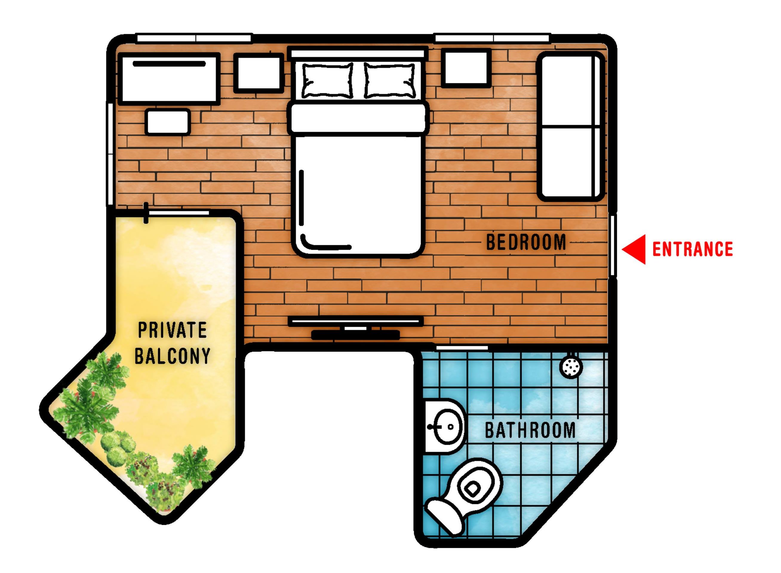A floor plan of a hotel with a bedroom, bathroom, and private balcony.