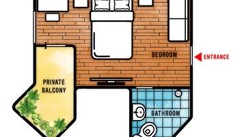A floor plan of a hotel with a bedroom, bathroom, and private balcony.