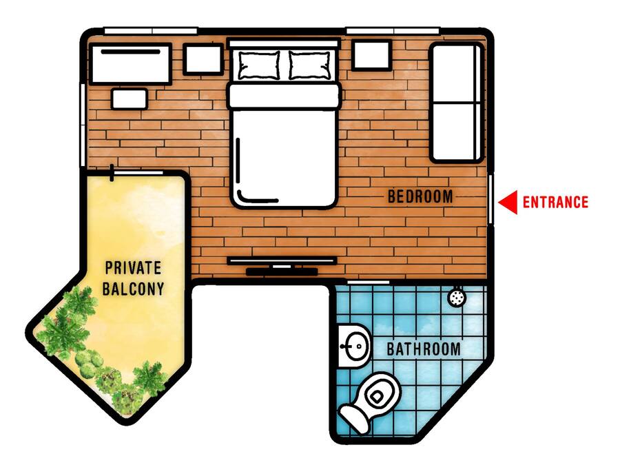 A floor plan of a hotel with a bedroom, bathroom, and private balcony.