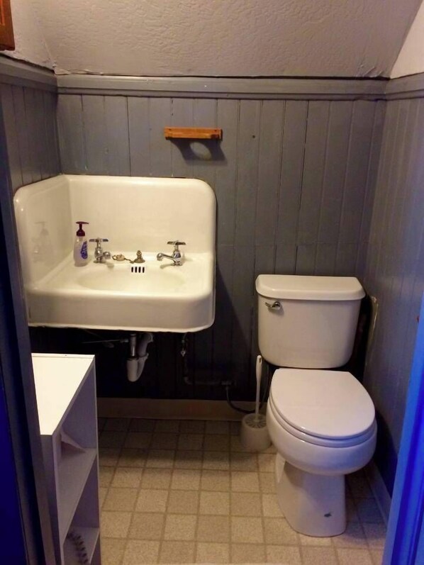 A bathroom with a white sink, two faucets, a toilet, and a wooden shelf above the sink.