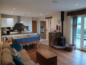 Smart TV, fireplace, books