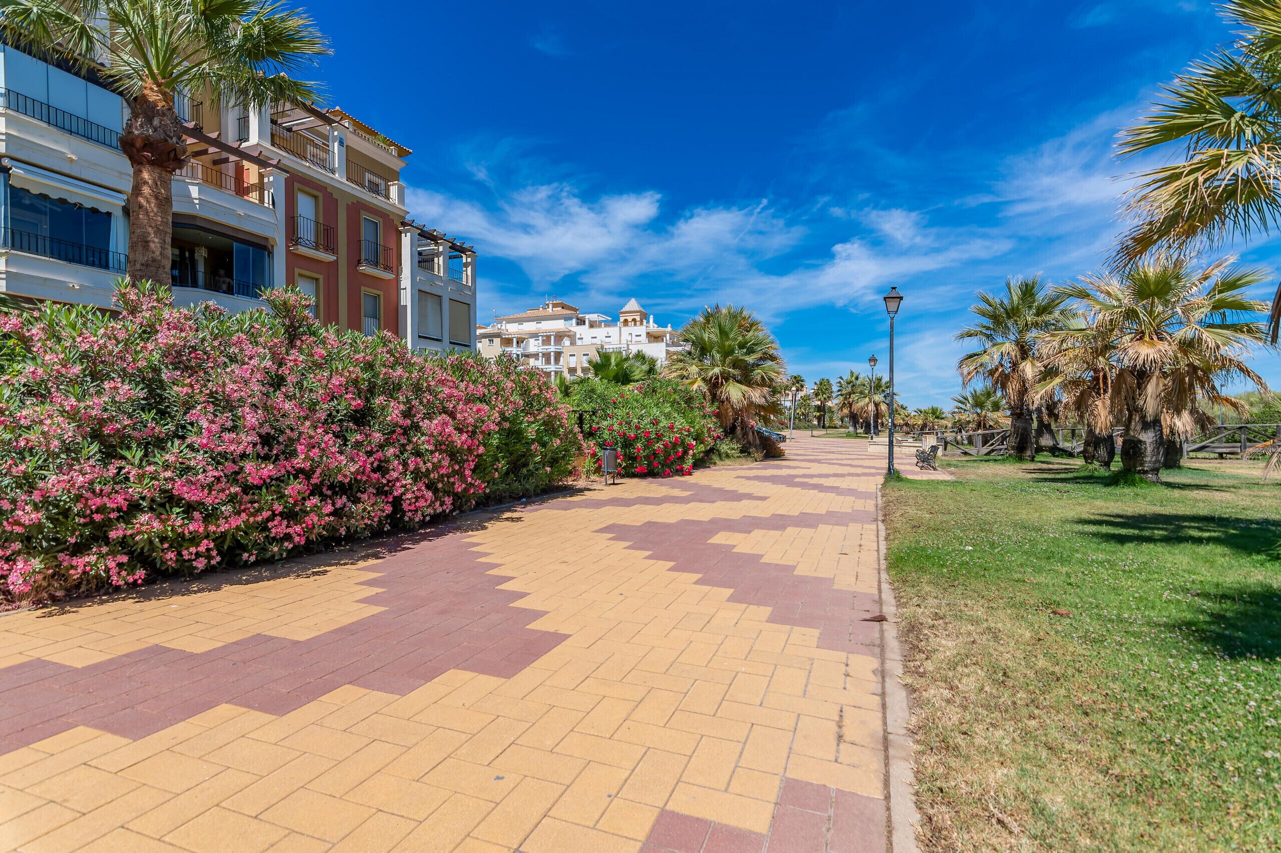 Un chemin pavé, bordé d’arbustes à fleurs roses et de palmiers, mène à un immeuble à plusieurs étages doté de balcons.