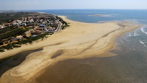 Vista aerea di una zona costiera con una spiaggia sabbiosa, un piccolo paese con edifici e l'oceano sullo sfondo.