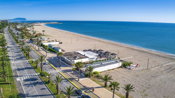 Una carretera costera con una playa a la derecha, bordeada de palmeras y una hilera de edificios.