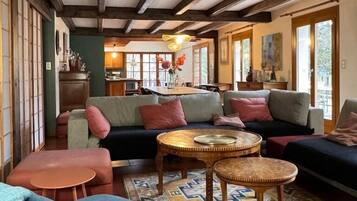 Televisie, een open haard, een tafeltennistafel en boeken