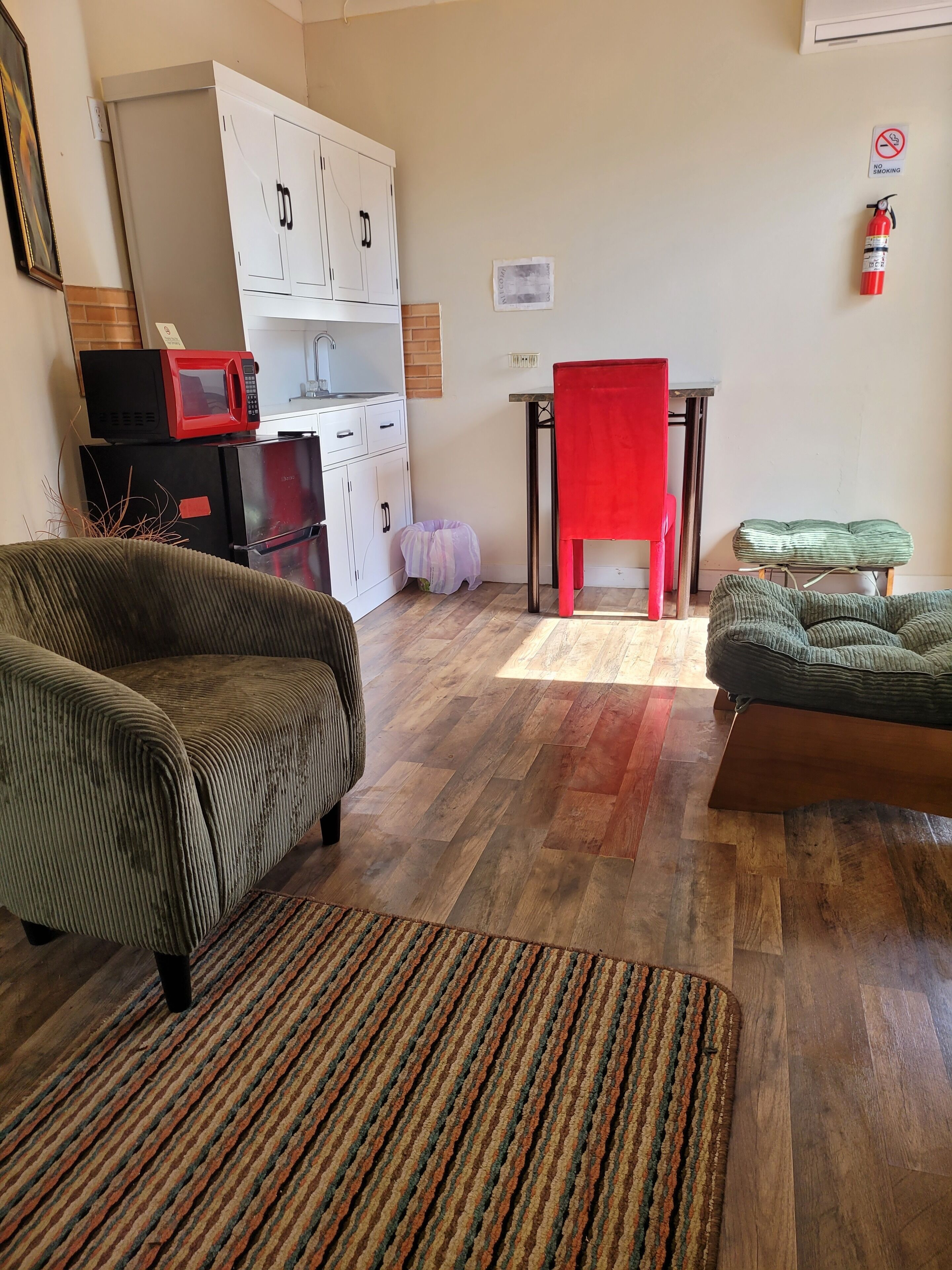 Un salon meublé comprenant un canapé, un fauteuil, une petite table, un four à micro-ondes, un réfrigérateur et un extincteur.
