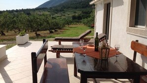 Une terrasse extérieure avec une table et des chaises, un pot de fleurs et une vue sur un vignoble et des montagnes.