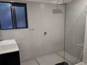 Shower, towels, toilet paper
