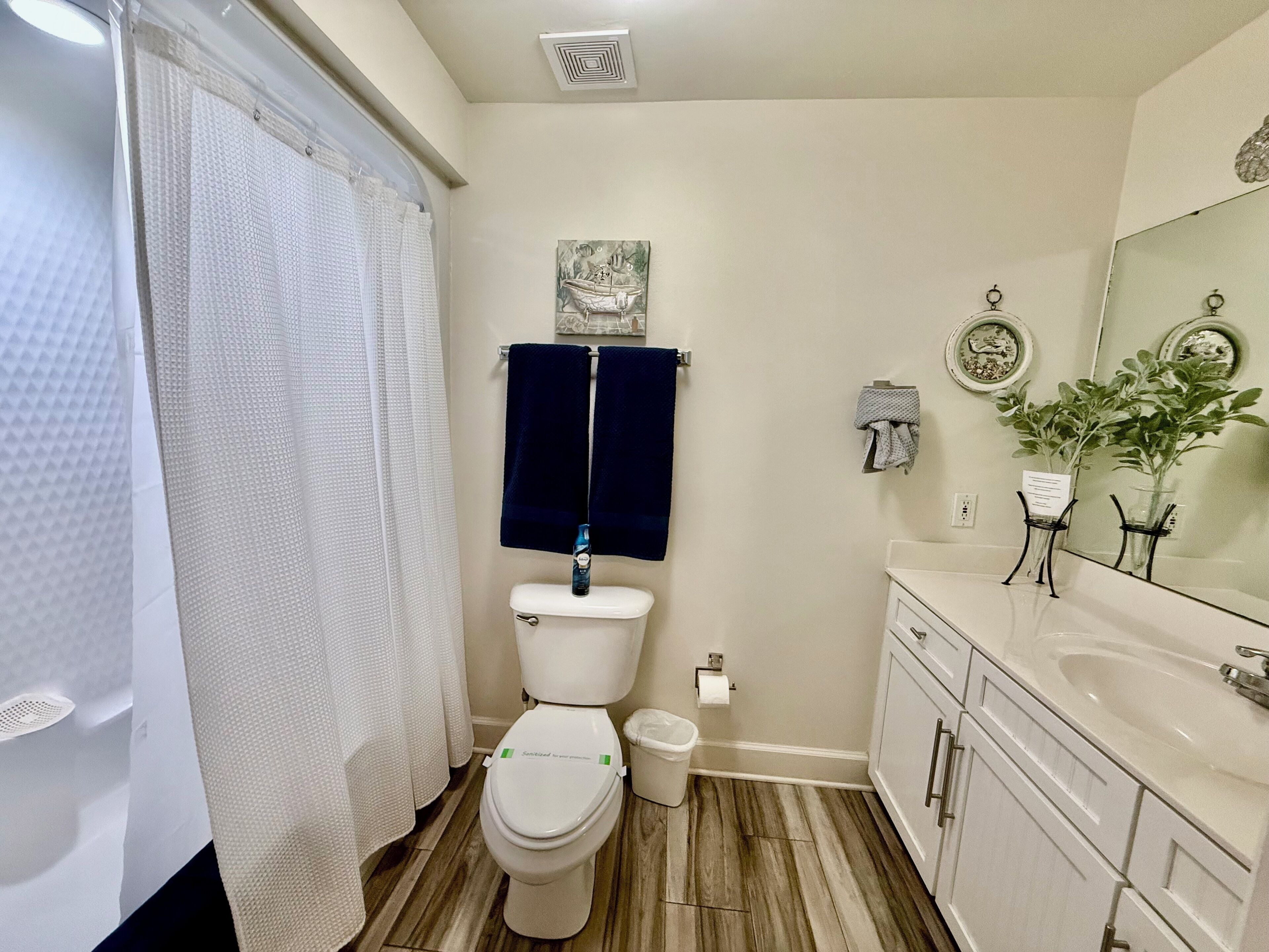 A bathroom with a toilet, a shower curtain, a sink, and a mirror.