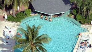 Eine Vogelperspektive auf einen Pool, umgeben von Palmen und Liegestühlen.