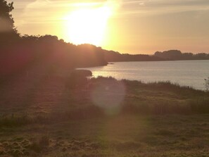 A sunset over a body of water with a grassy foreground and trees in the distance. - Apartment Schleiwiese - Apartments Hartmann (Rabenkirchen-Faulück)