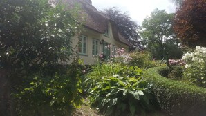 A house with a thatched roof, surrounded by lush greenery and flowering plants.