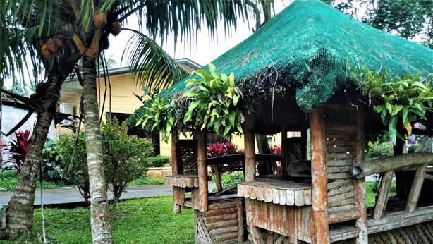 A rustic wooden structure with a thatched roof, surrounded by lush greenery and a palm tree. - La Gracia Apartelle Tagaytay (Tagaytay)