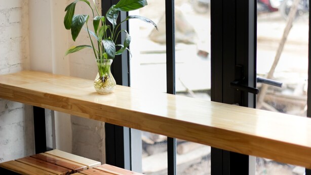 A wooden shelf with a glass vase containing a plant. - Aroma Ha Long Hostel (Bai Chay)