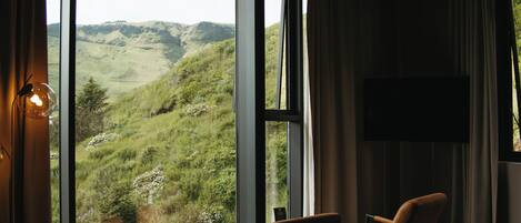 A room with large windows offering a view of a green valley. There are two leather chairs and a flat-screen TV mounted on the wall.