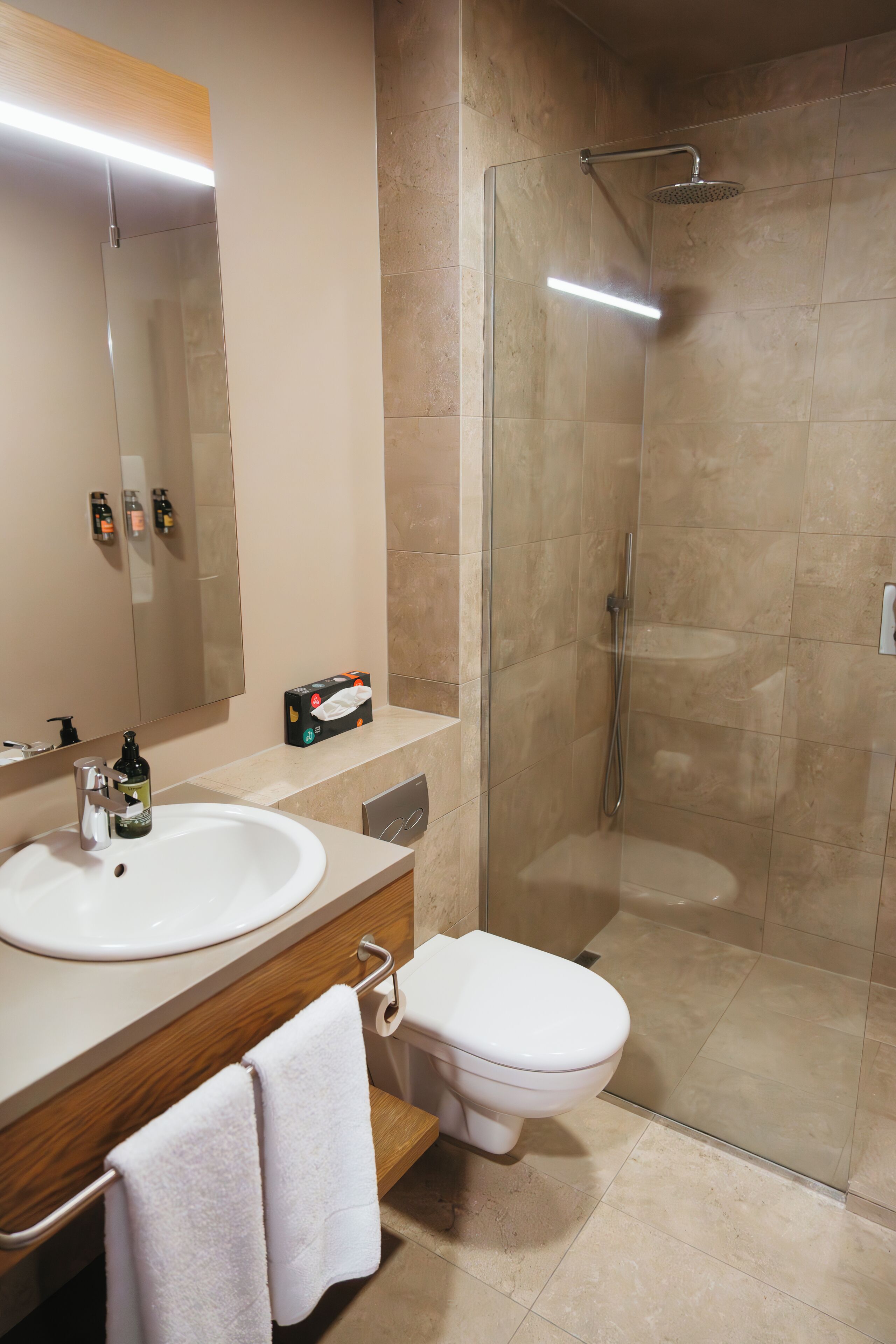 A modern bathroom with a glass-enclosed shower, a white sink, and a toilet.