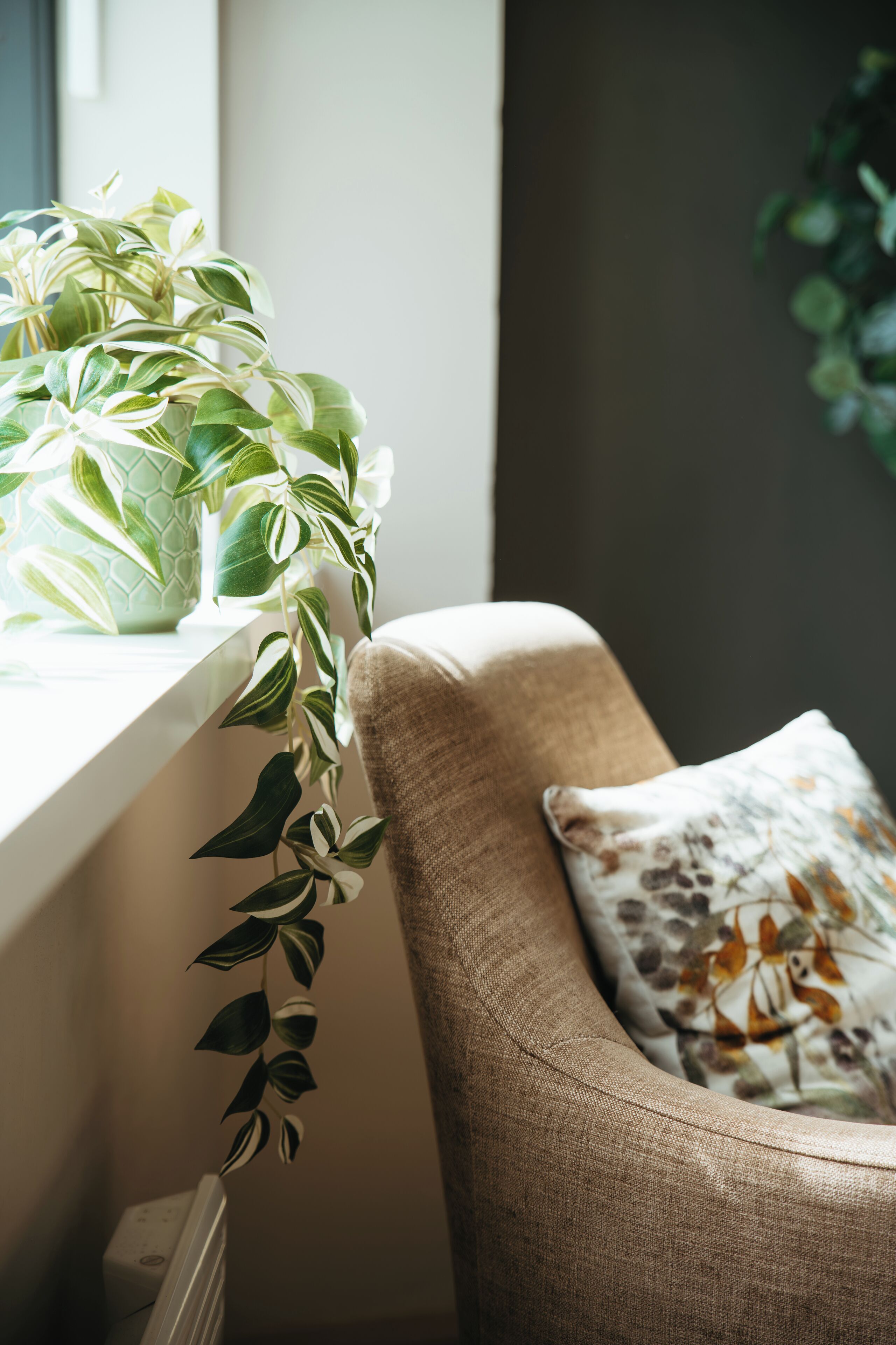 A plant on a windowsill next to a chair with a floral pillow.