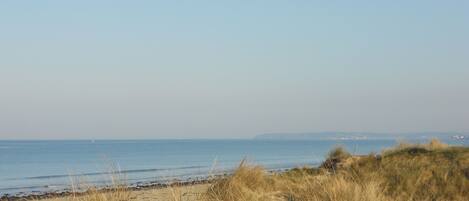A beach with sand and grass in the foreground, and a clear blue sky.
