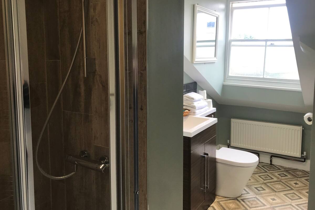 A bathroom with a shower, a toilet, a sink, and a window.