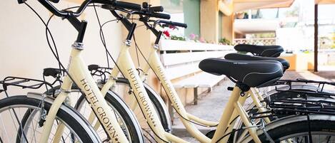 A row of bicycles with "HOTEL CROWN" branding, parked under a covered area with a bench and flowers in the background.