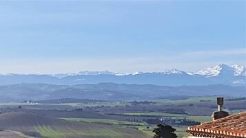 A view of a mountainous landscape with snow-capped peaks in the distance, a clear sky, and a building with a tiled roof in the foreground.