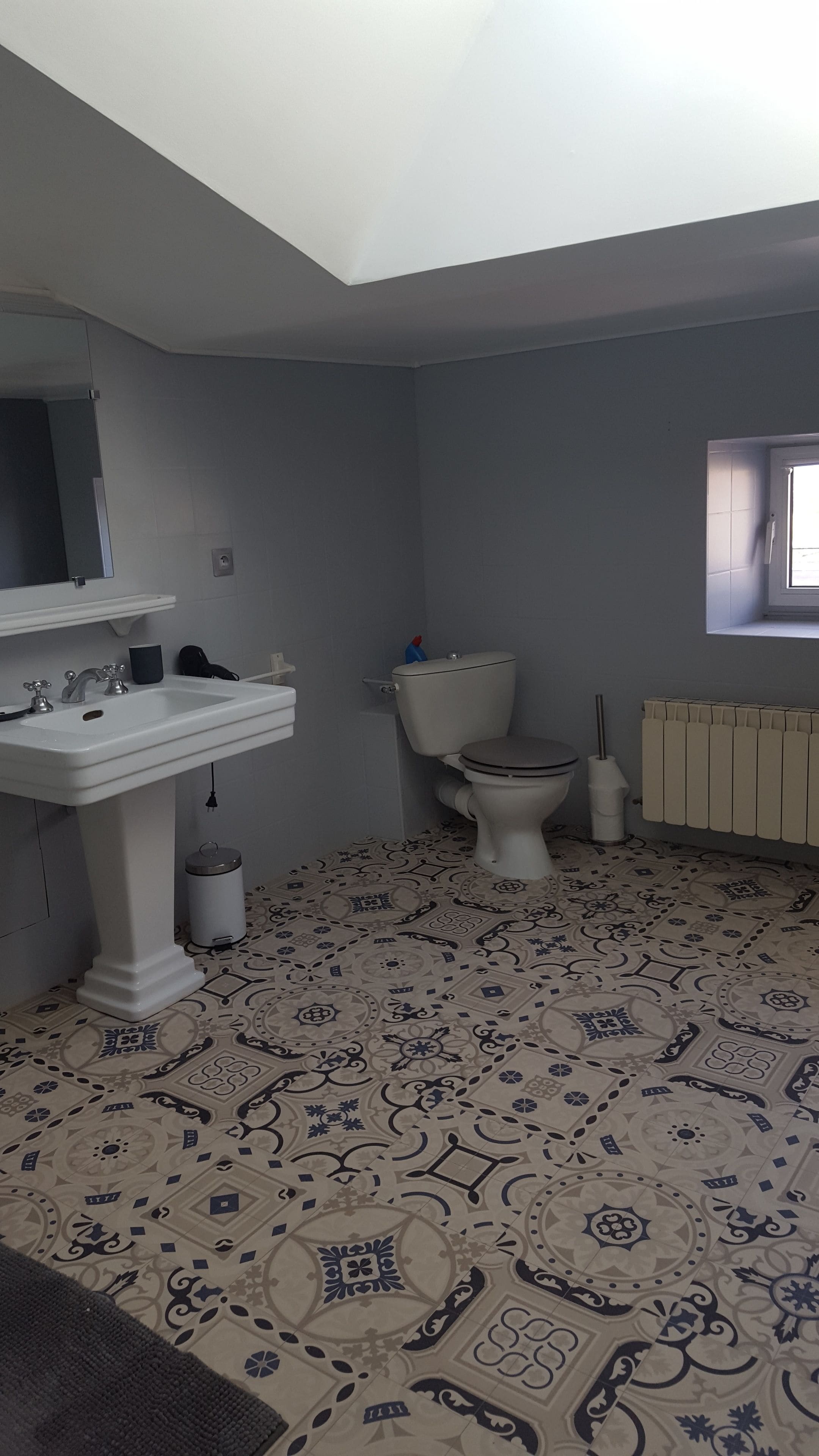 Une salle de bain avec un lavabo, des toilettes et un radiateur. Le sol est recouvert de carreaux décorés.