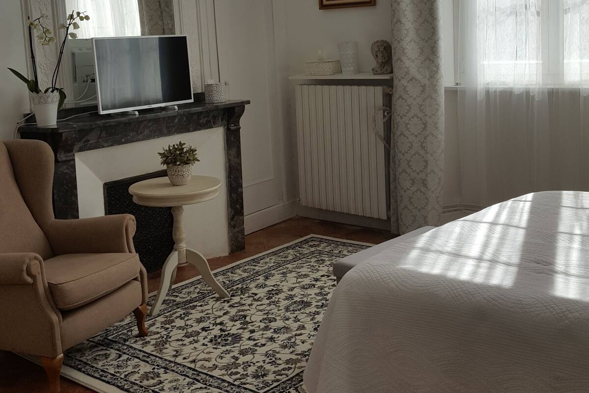 Ein Schlafzimmer mit einem Bett, einem Sessel, einem Fernseher, einem Kamin, einer Heizung und einem Fenster mit Vorhängen.