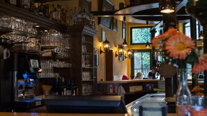 Zona de bar con estantes llenos de botellas y vasos, una caja registradora y un ventanal con vistas a árboles.