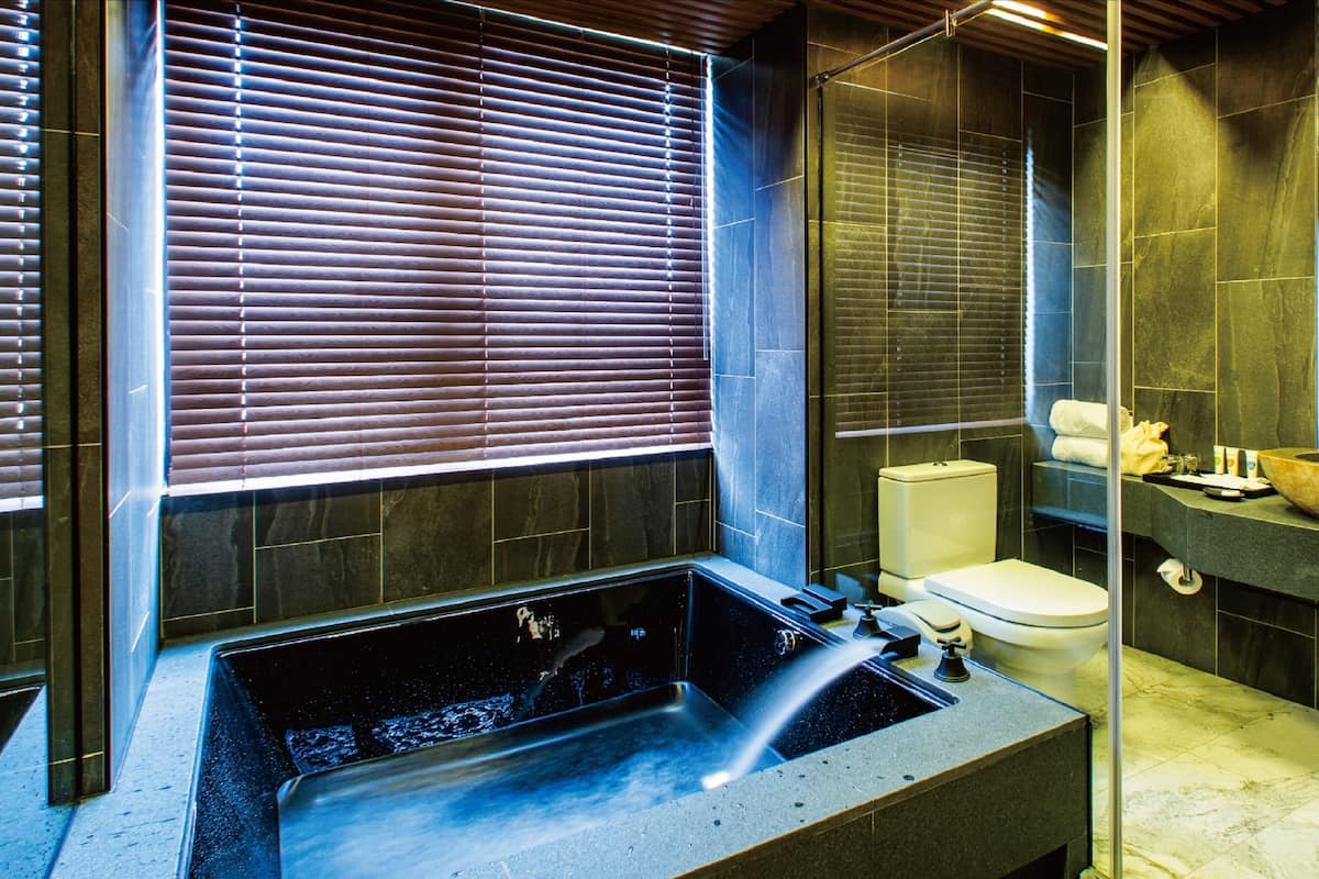 deluxe double room with hot spring, 1 queen bed, non smoking | bathroom | shower, hair dryer, bathrobes, slippers