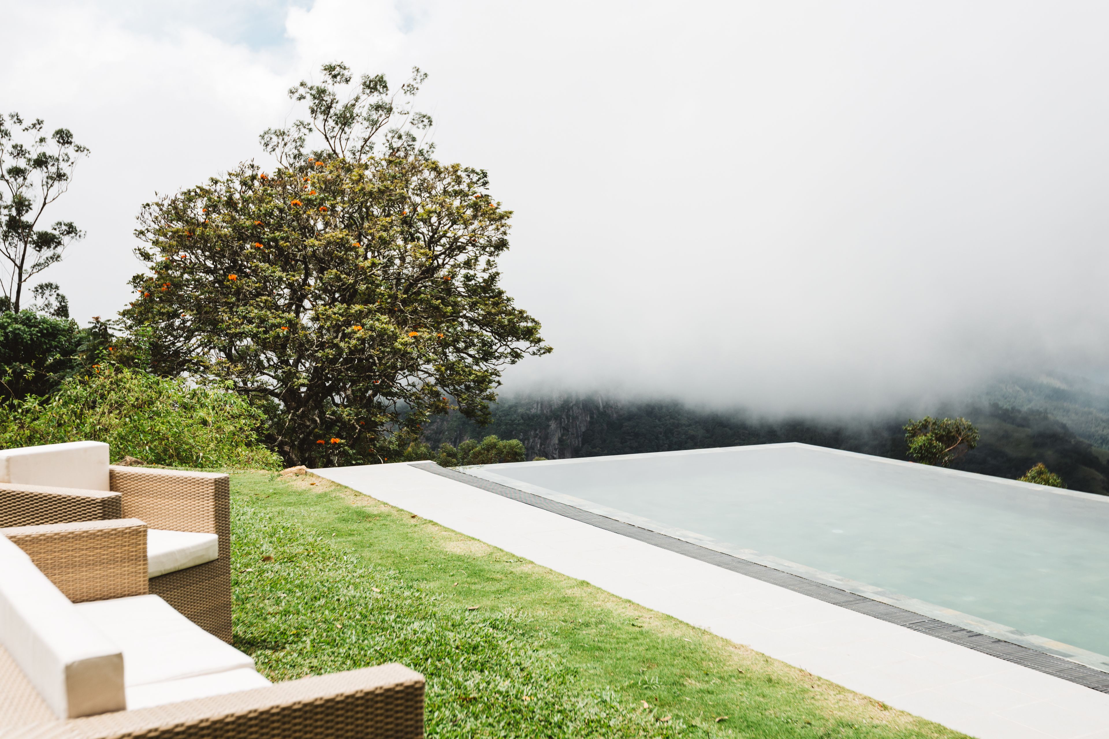 A infinity pool with a grassy area and wicker furniture.