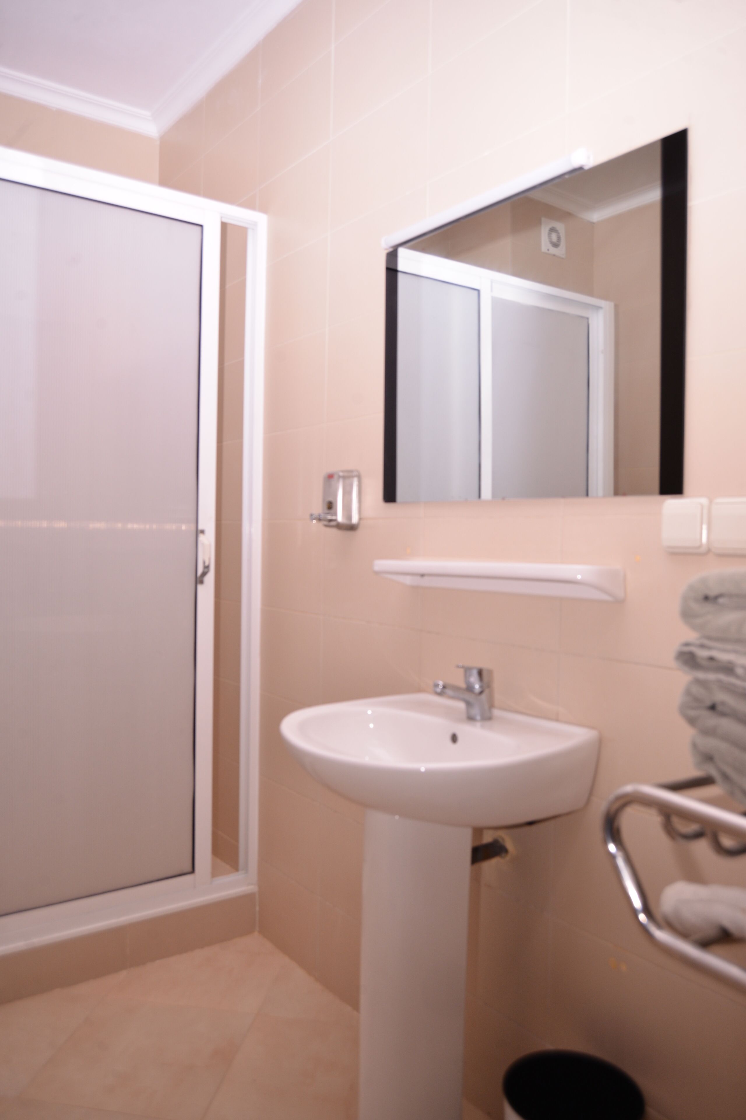 A bathroom with a shower, sink, and mirror.