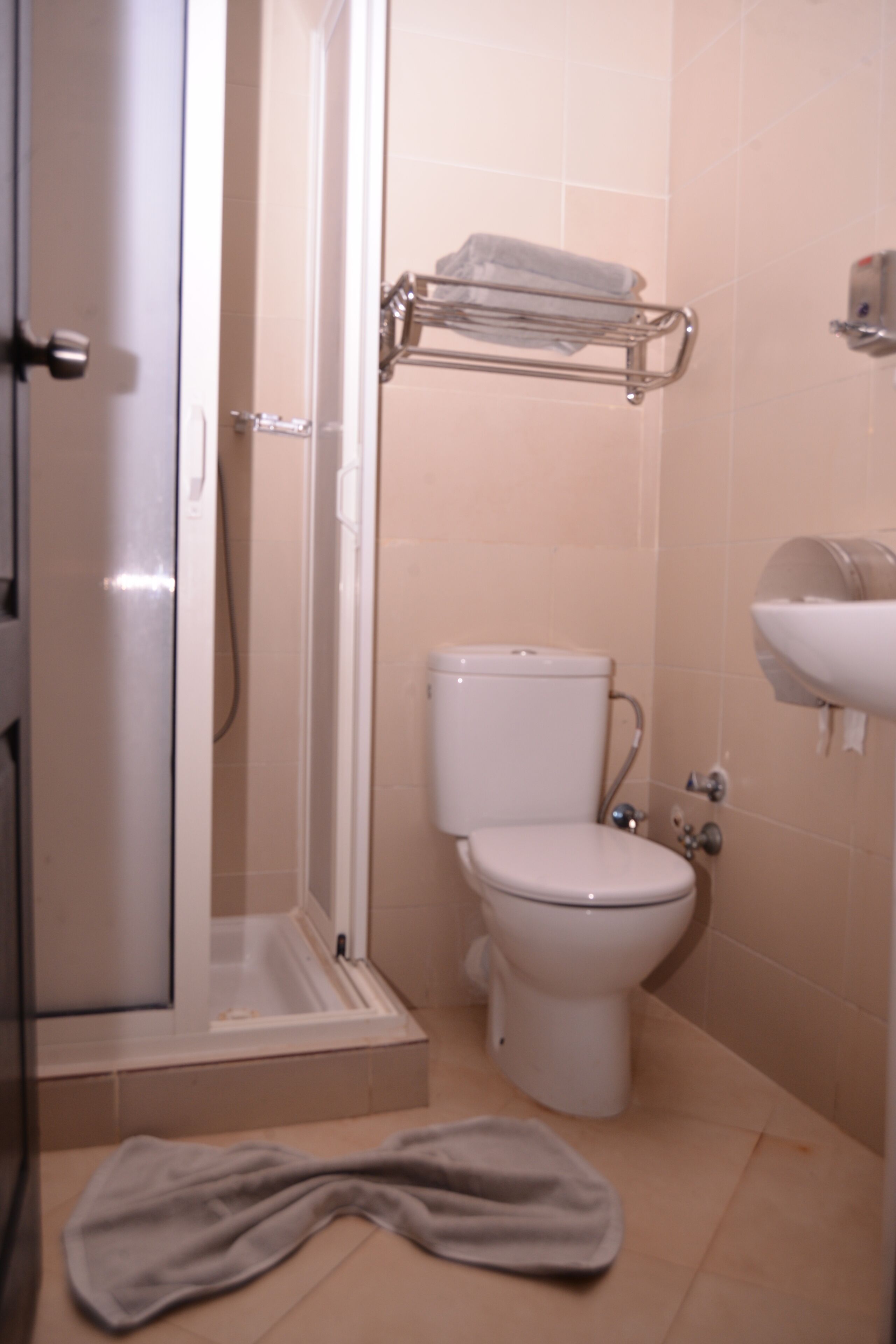 A bathroom with a toilet, a sink, a shower, and a towel rack.