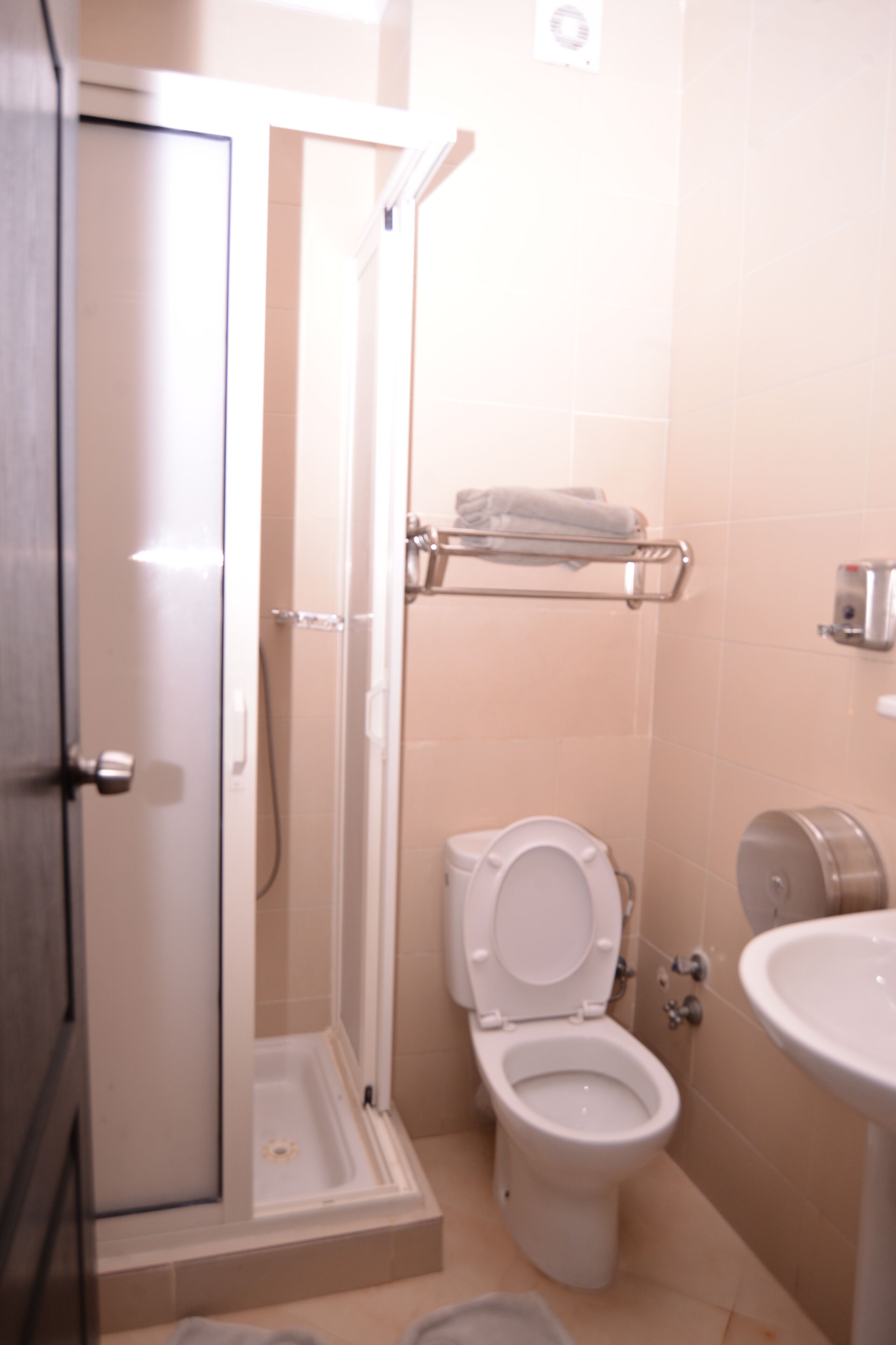 Een badkamer met douche, toilet en wastafel.