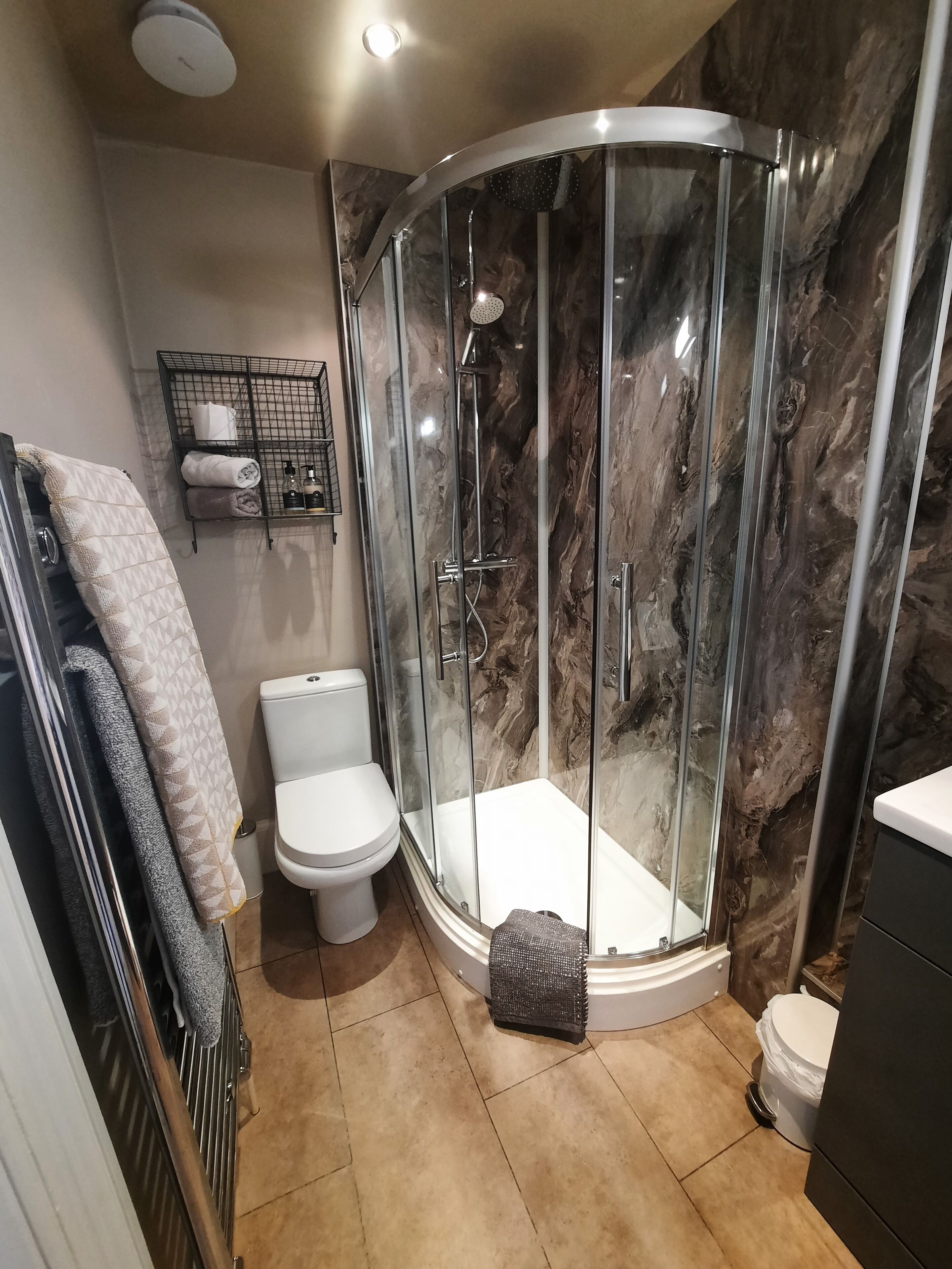 A modern bathroom with a glass-enclosed shower, a toilet, and a towel rack.