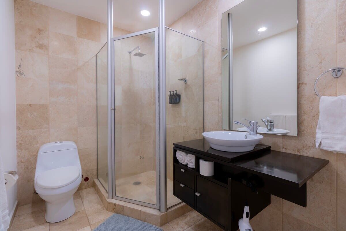 Bañera, secador de pelo, toallas