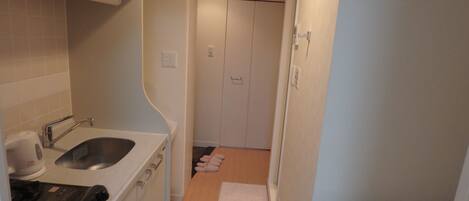 Fridge, microwave, cookware/dishes/utensils