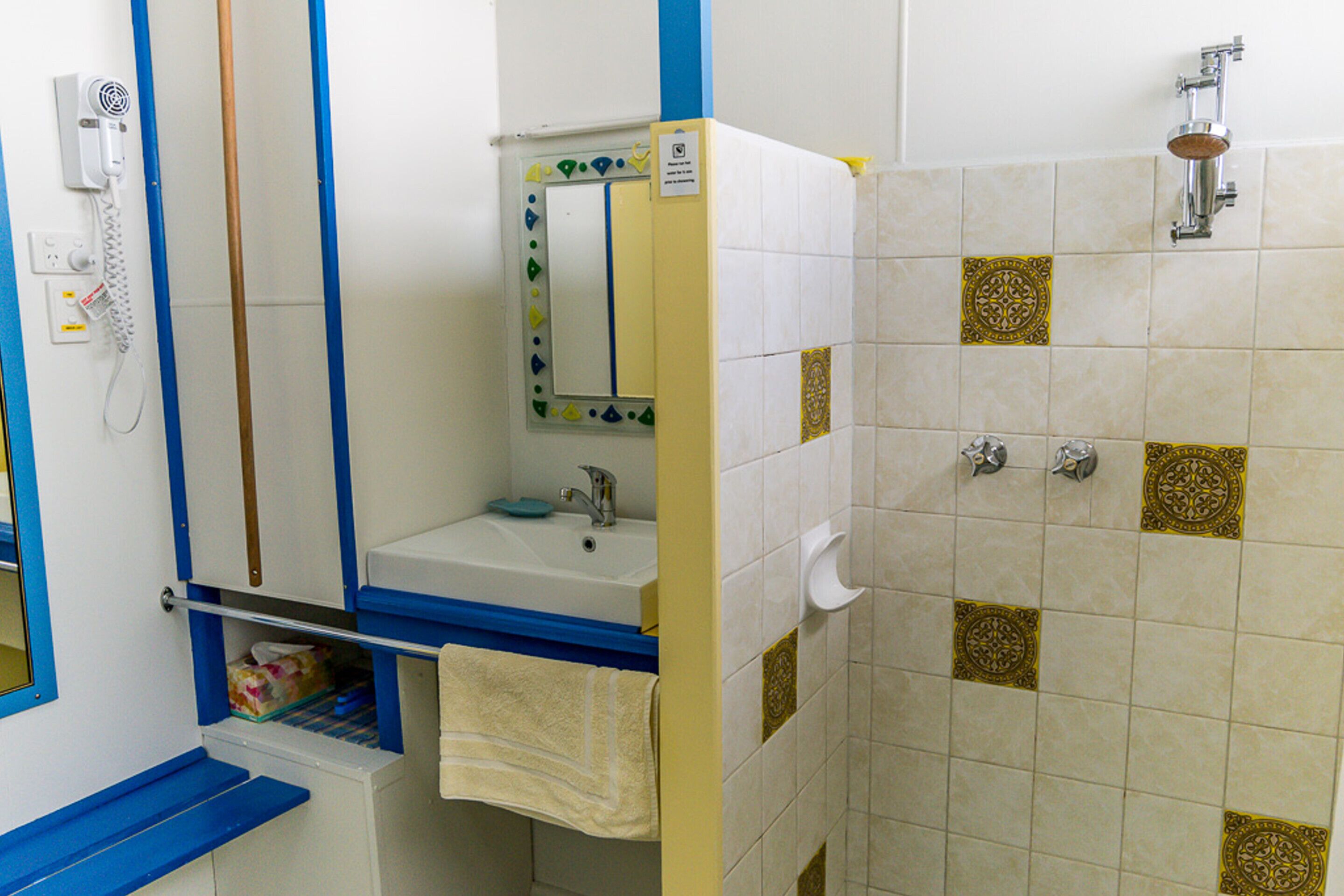 Hair dryer, towels, soap, toilet paper