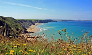 A coastal landscape with cliffs, a beach, and a clear blue sea. - Curlew Cottage - Two Bedroom Cottage, Sleeps 4 (Cubert)