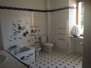 Hair dryer, towels, soap, toilet paper