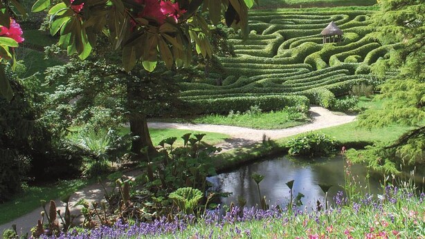 Een tuin met een vijver, terrassen en een pad.