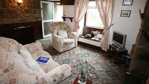 A cozy living room with a stone wall, a patterned sofa, a cushioned armchair, a small table with a radio and flowers, and a television on a stand. - Honnor Cottage - One Bedroom Cottage, Sleeps 2 (Saint Buryan)
