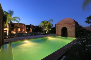 Outdoor pool, pool umbrellas, pool loungers