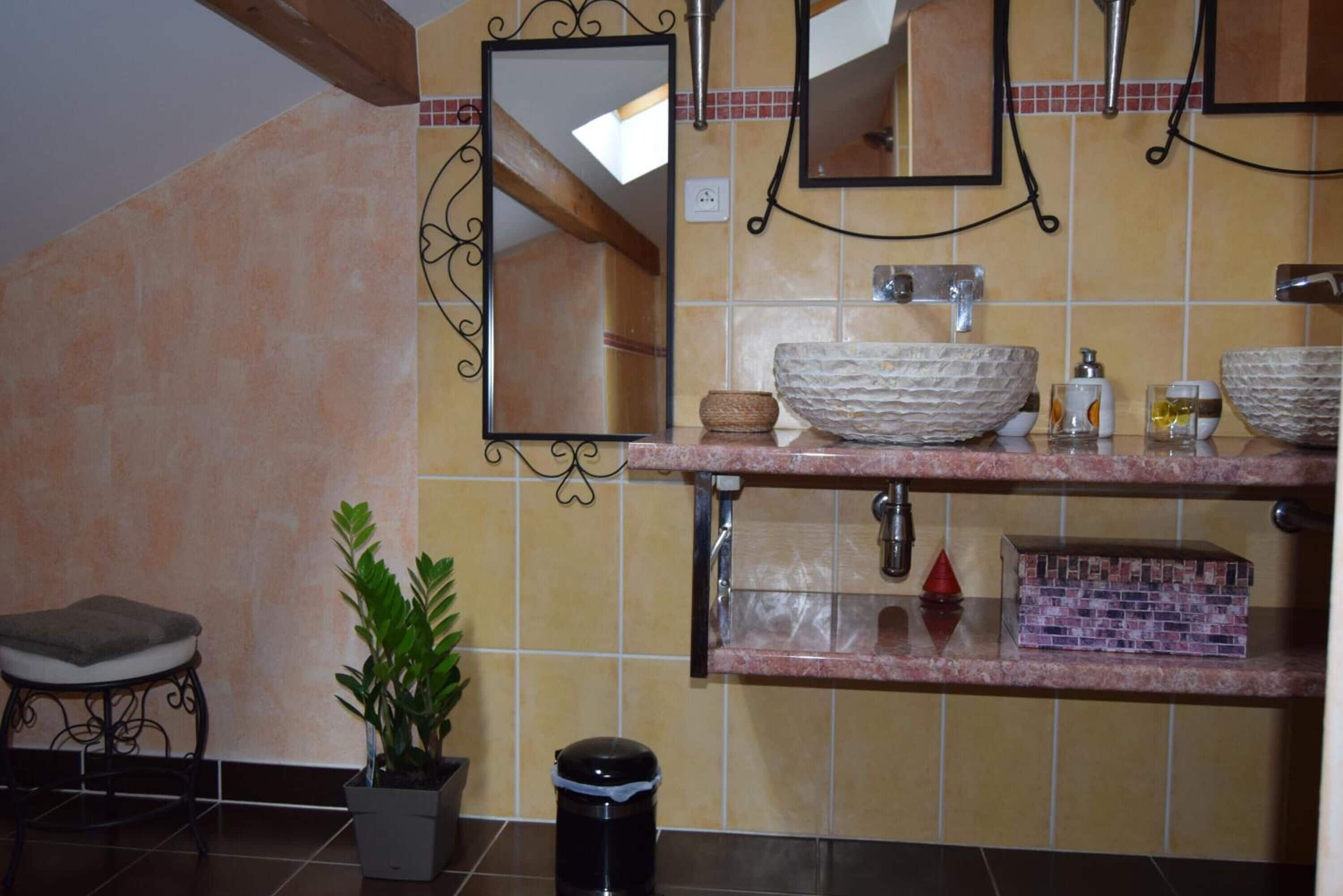 A bathroom with a stone sink, two mirrors, a small stool, a potted plant, and a trash bin.