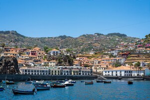A coastal town with terraced houses, a harbor with boats, and a clear blue sky.