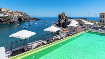 Outdoor pool, pool umbrellas, pool loungers