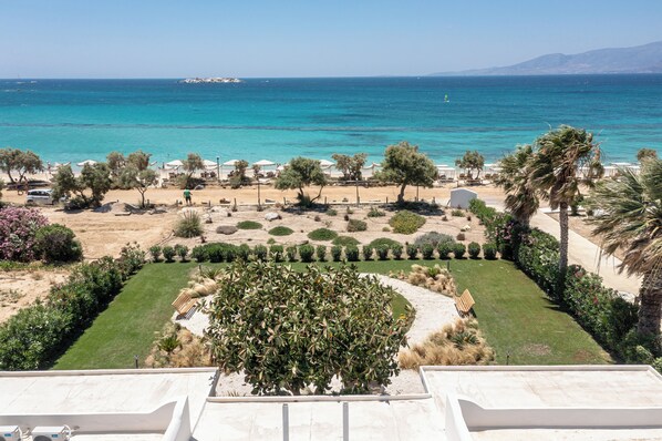 A coastal hotel with a view of the sea, a garden with a large tree, and a sandy beach area.